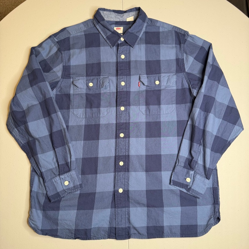 Levis Mens Large Relaxed Fit Blue Buffalo Plaid Button Down Flannel Shirt